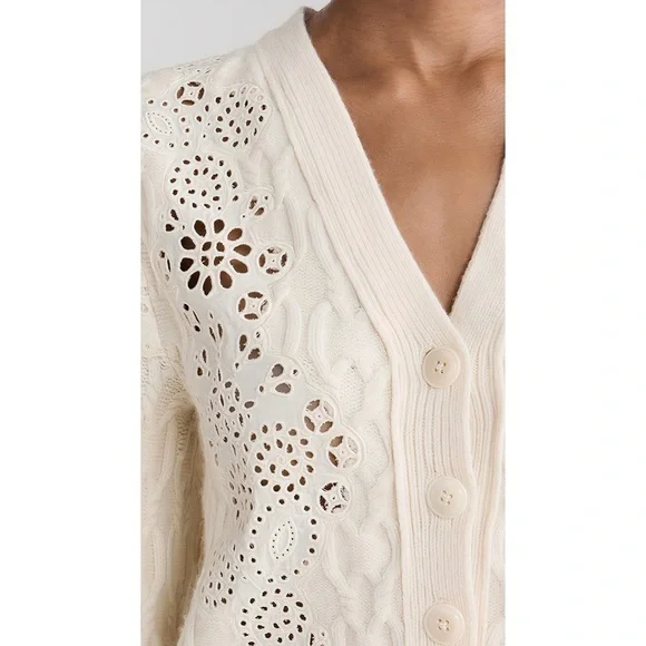 NWT SEA New York Lainey Eyelet-Embroidery Cream Long-Sleeve Cardigan Sweater